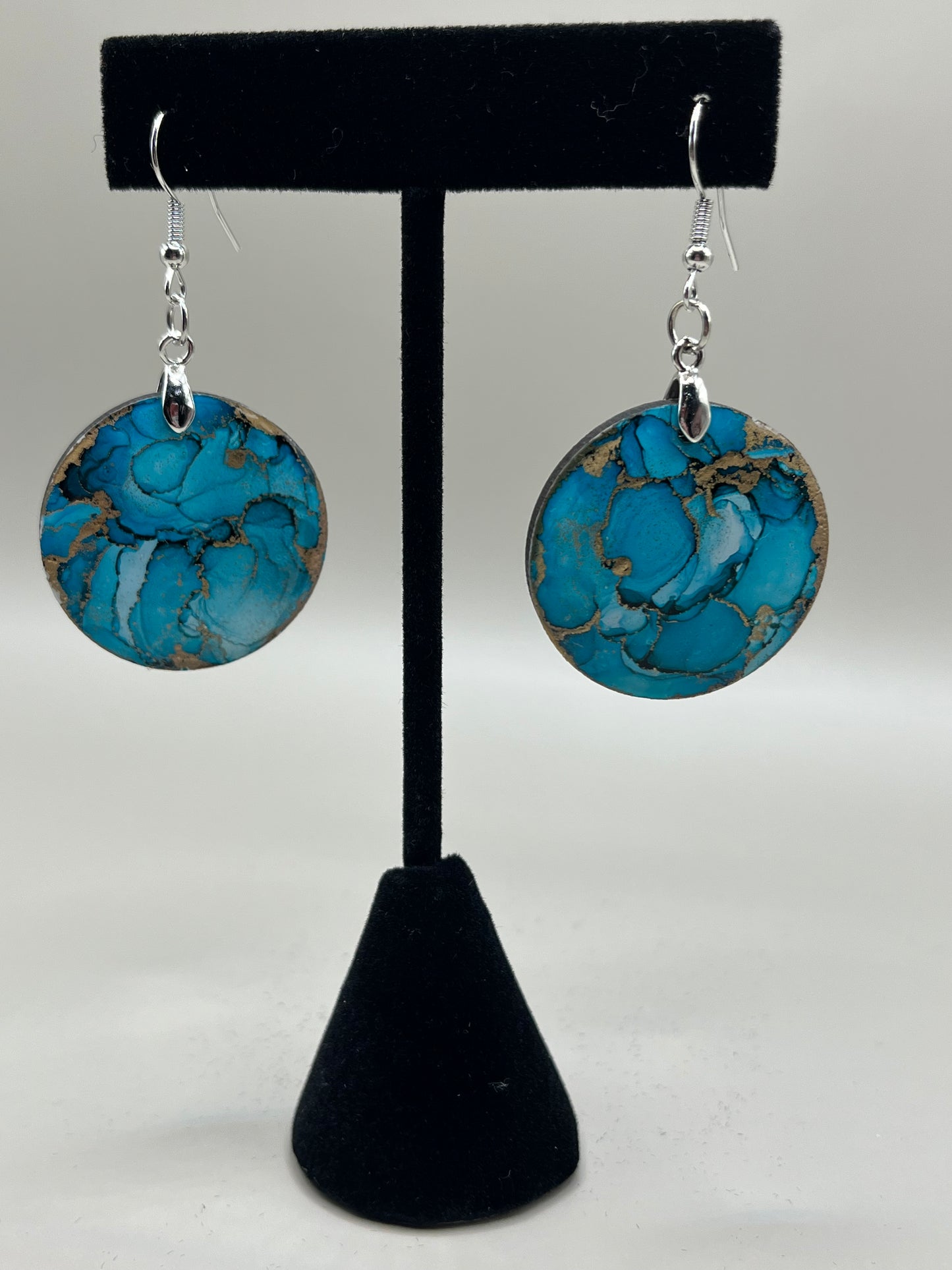 Alcohol Ink Earrings - Round, Blue