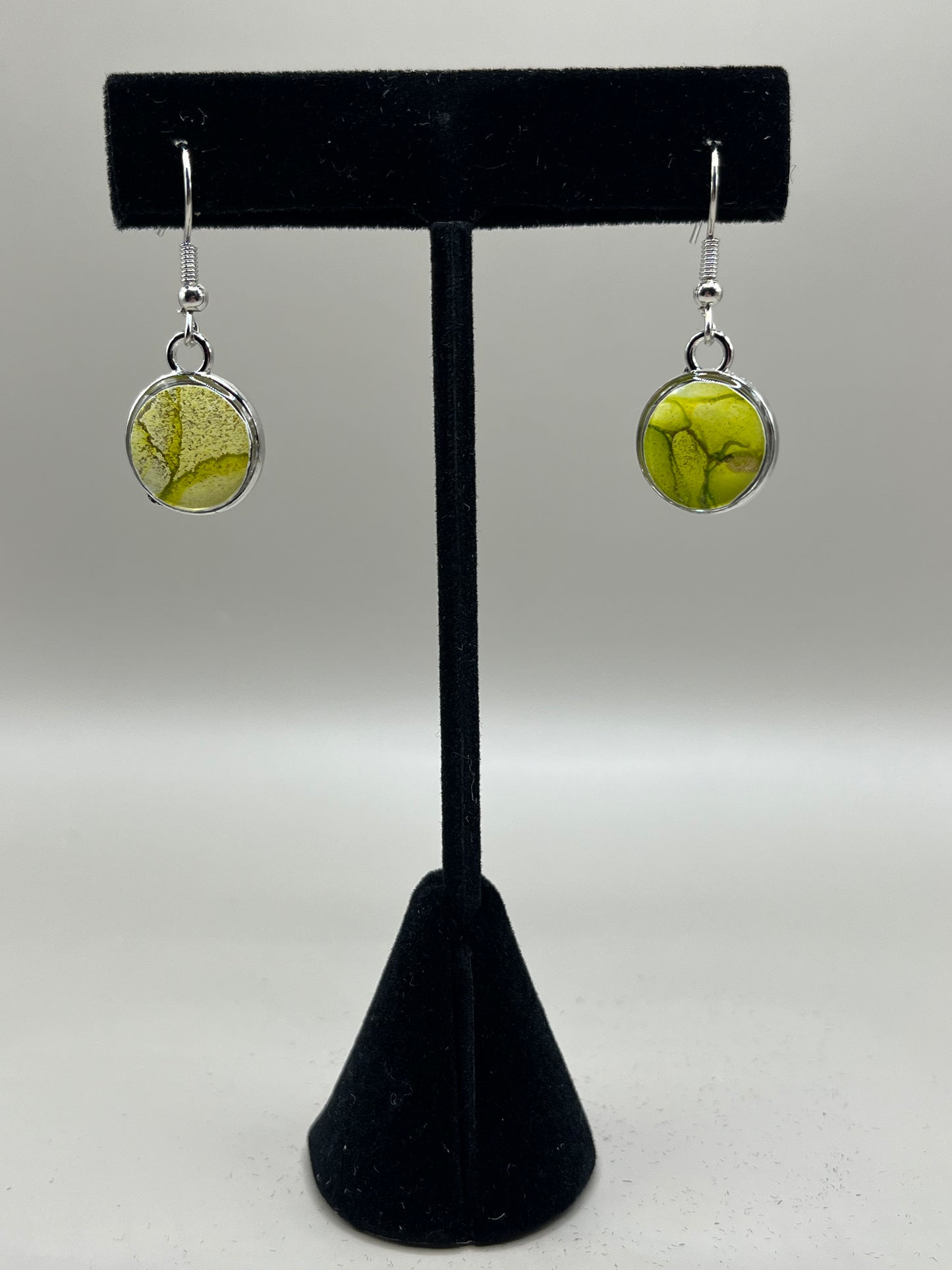 Alcohol Ink Earrings - Round Bezel, Leaf-2