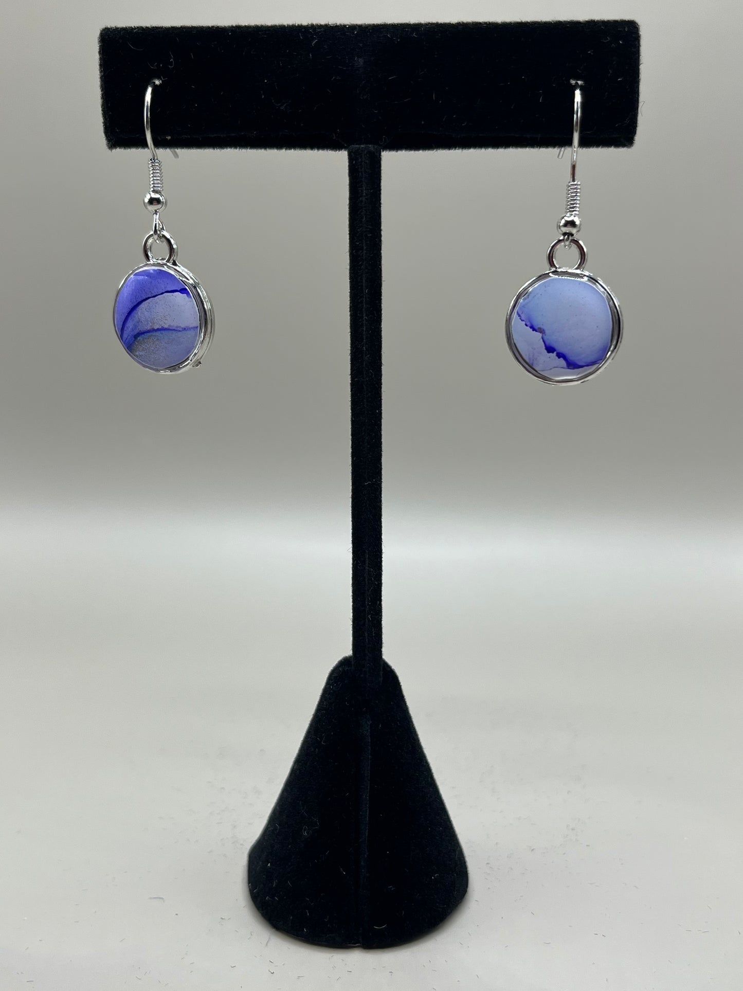 Alcohol Ink Earrings - Round Bezel, Blue-1