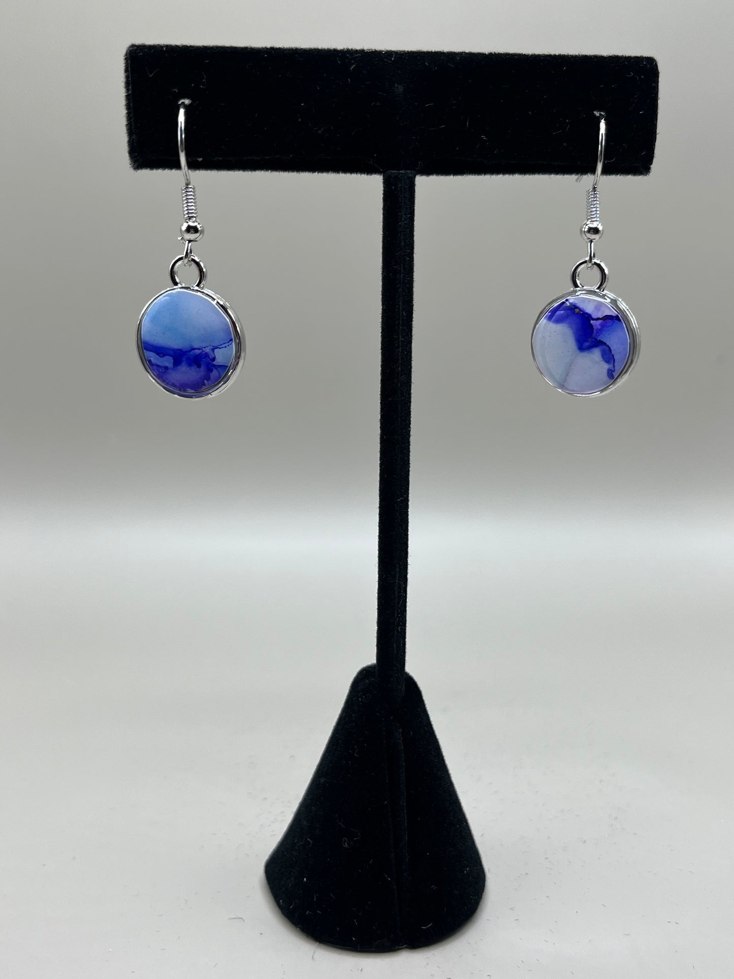 Alcohol Ink Earrings - Round Bezel, Blue-2
