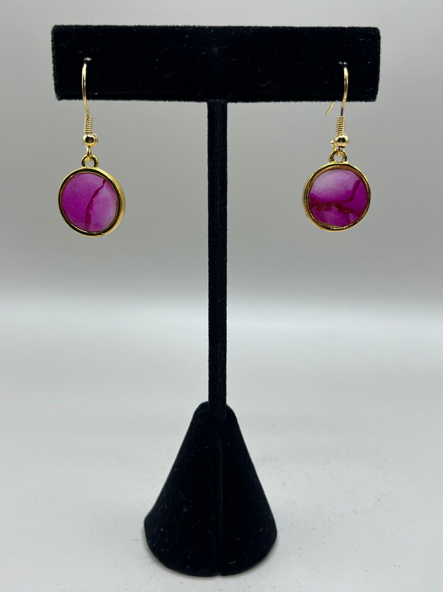 Alcohol Ink Earrings - Round Bezel, Pink-1