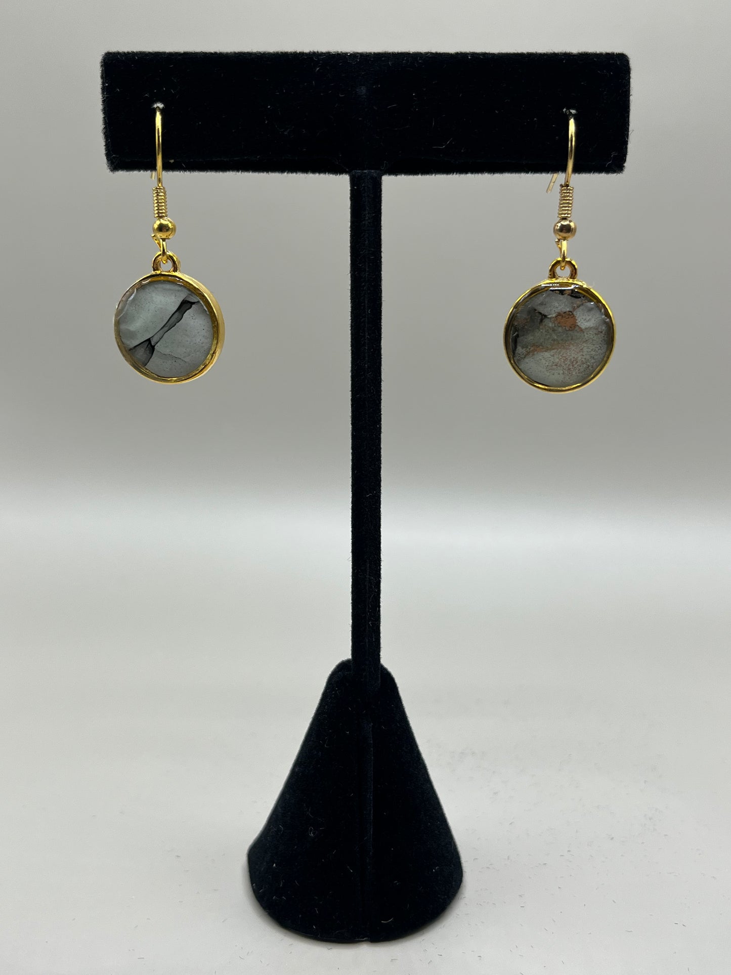 Alcohol Ink Earrings - Round Bezel, Gray-1