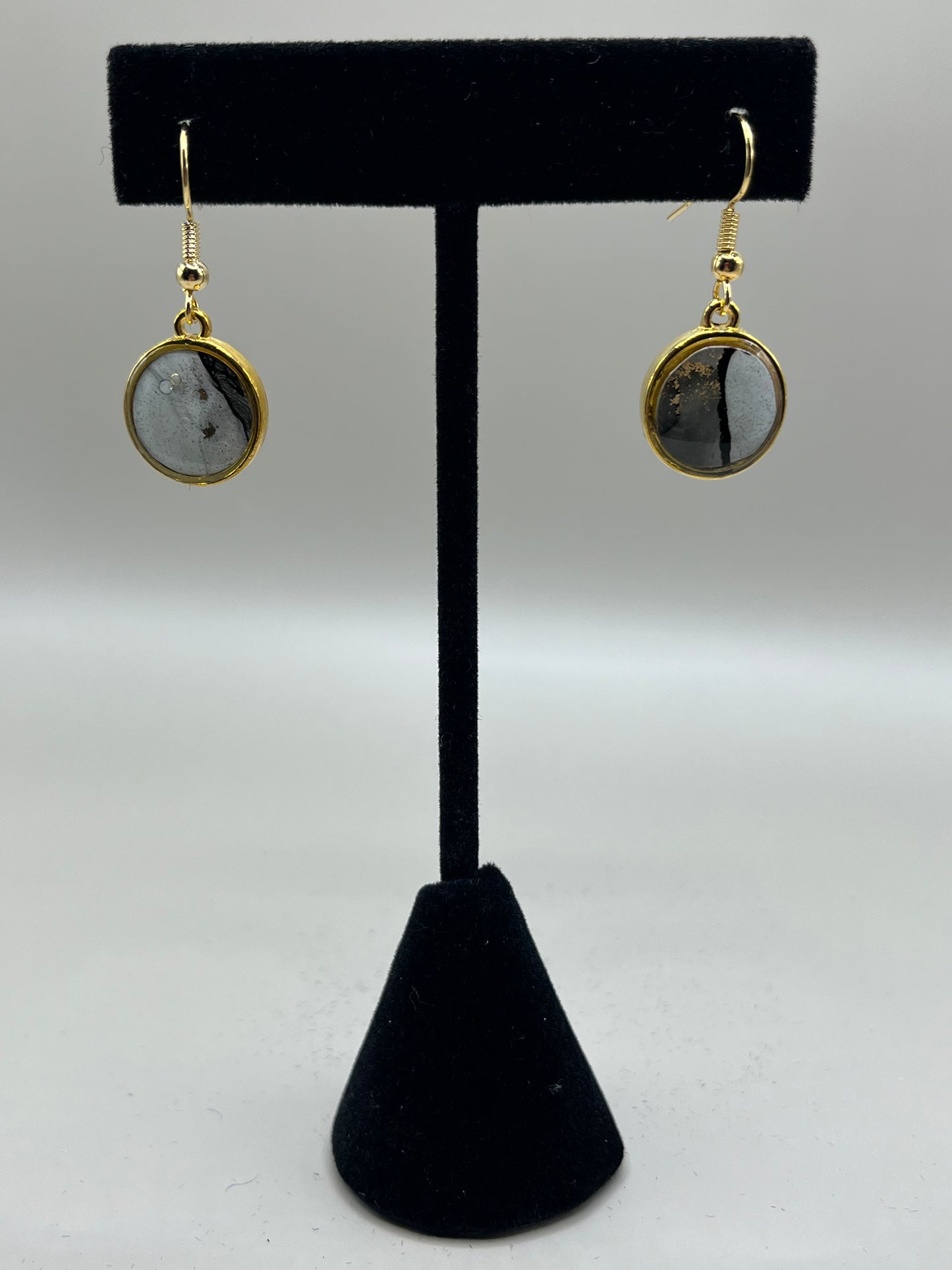 Alcohol Ink Earrings - Round Bezel, Gray-2