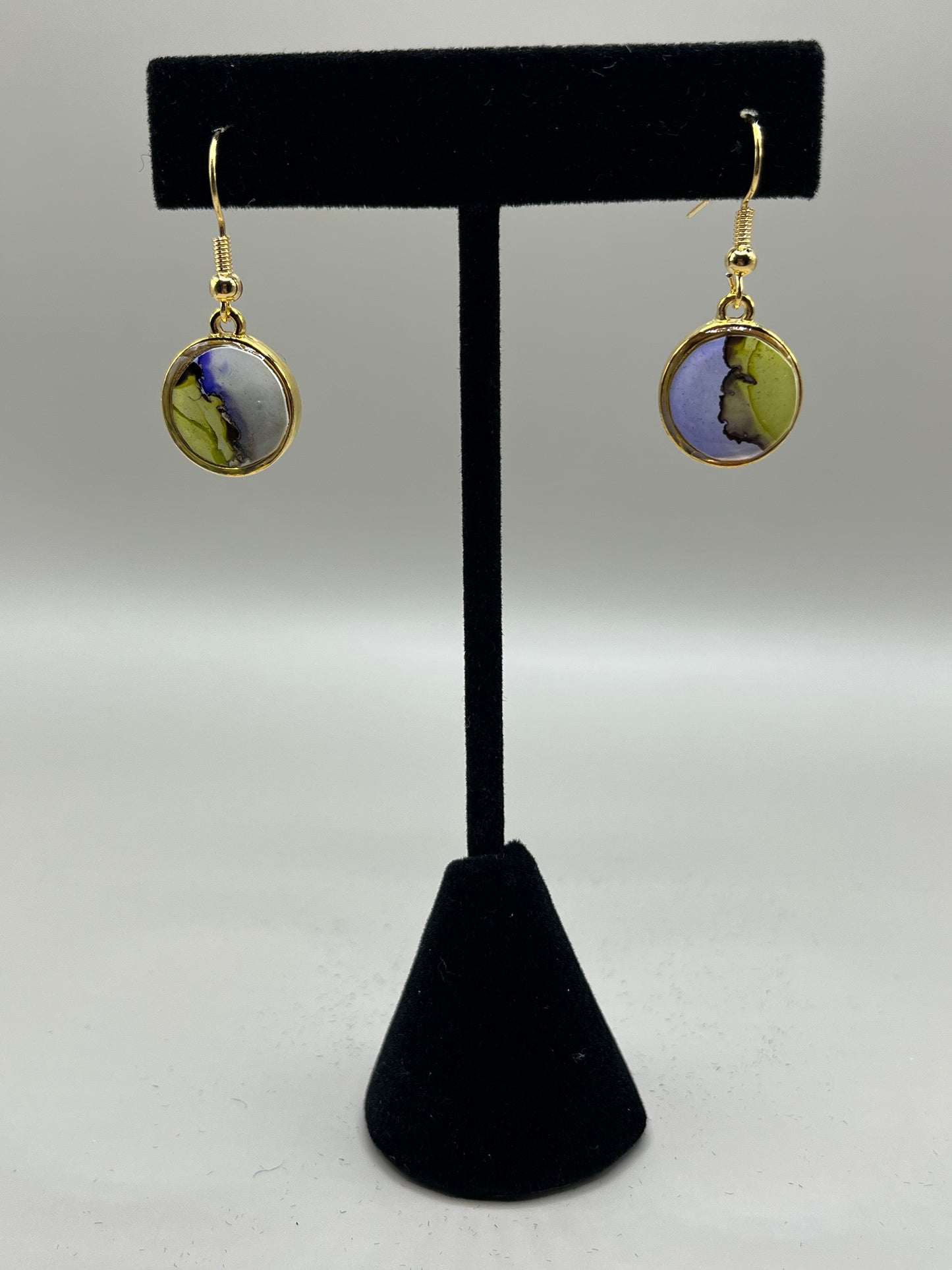 Alcohol Ink Earrings - Round Bezel, Purple/Leaf