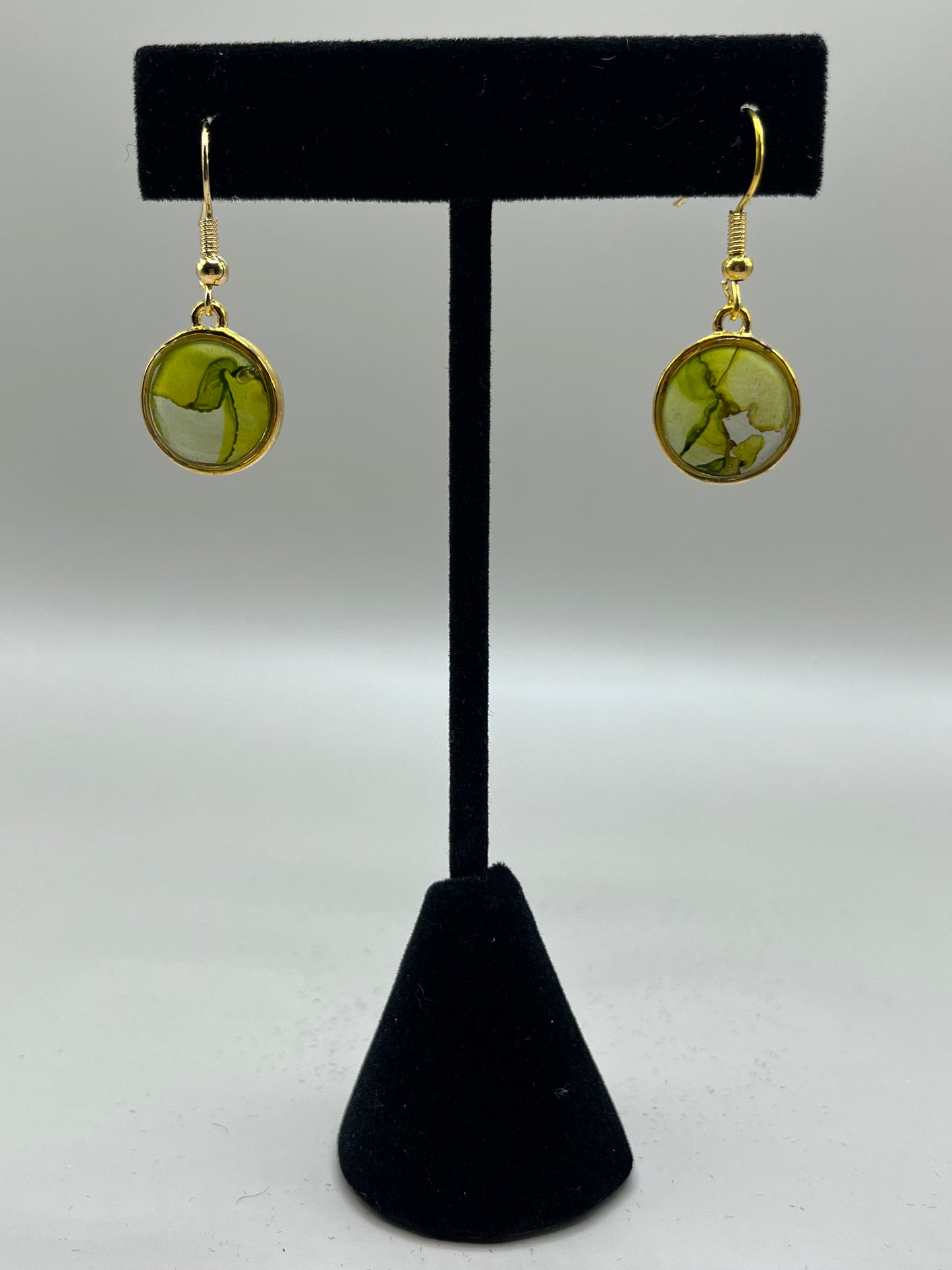 Alcohol Ink Earrings - Round Bezel, Leaf-3