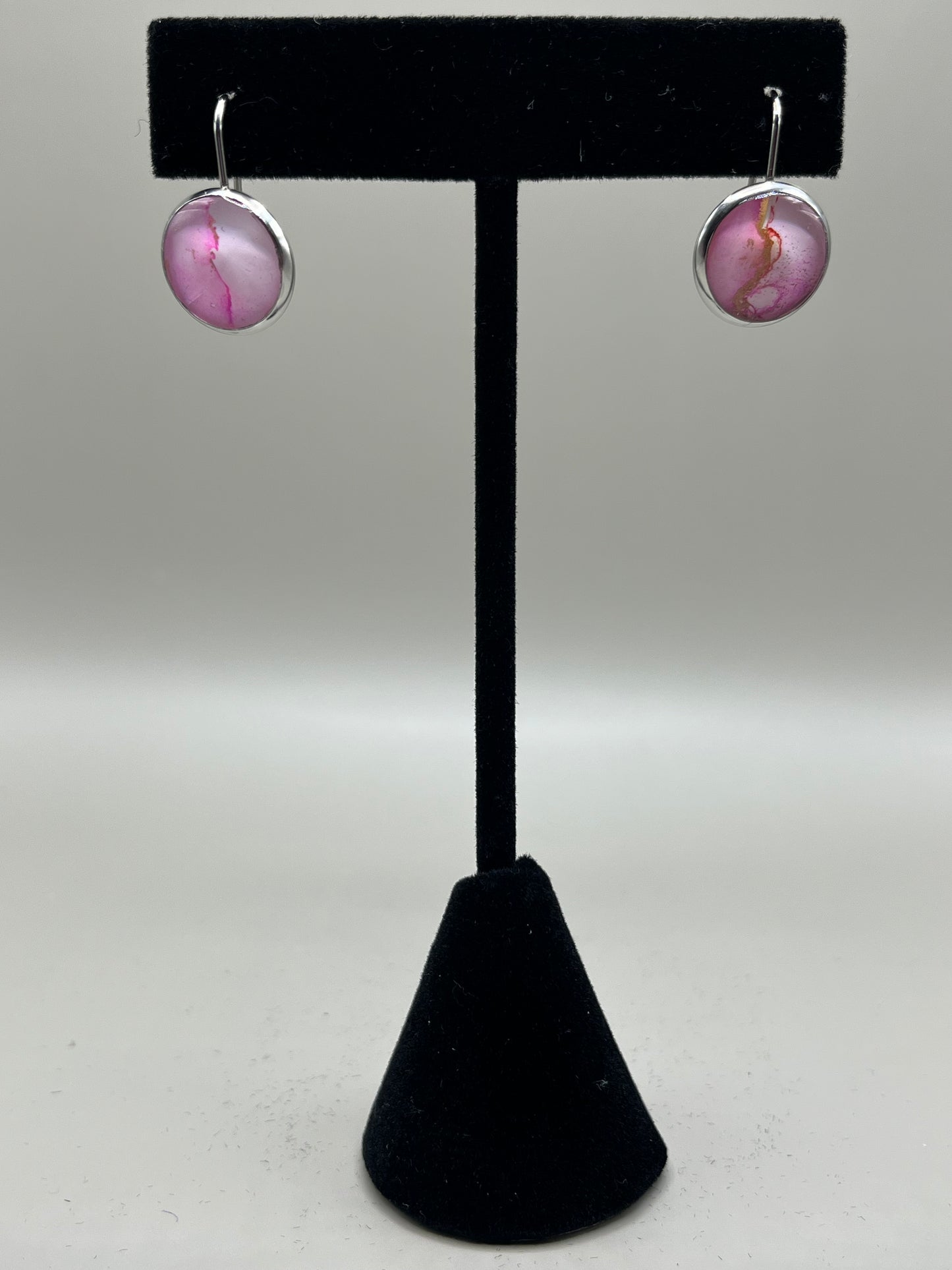 Alcohol Ink Earrings - Round Bezel, Pink-2