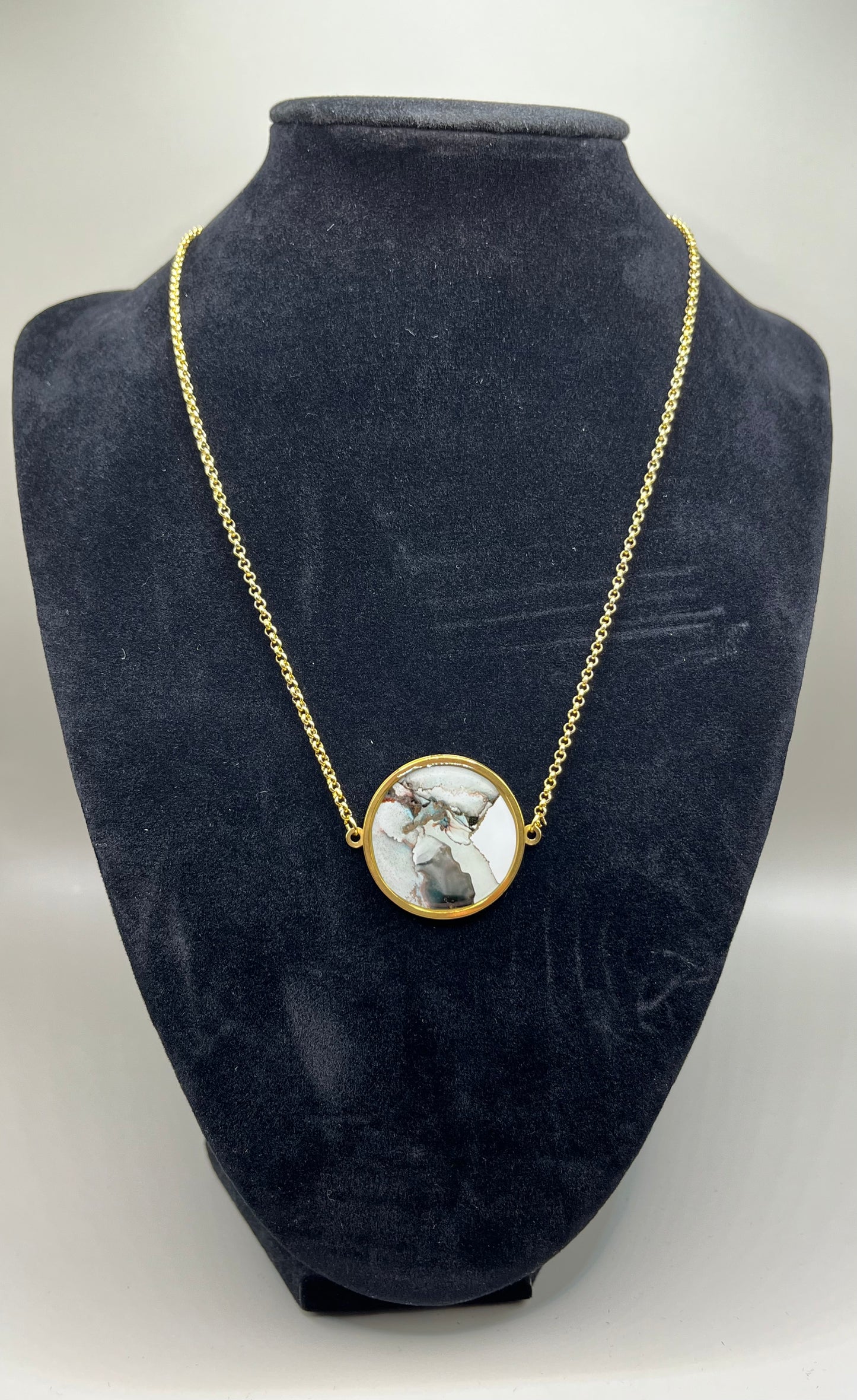 Alcohol Ink Necklace - Round, Gray