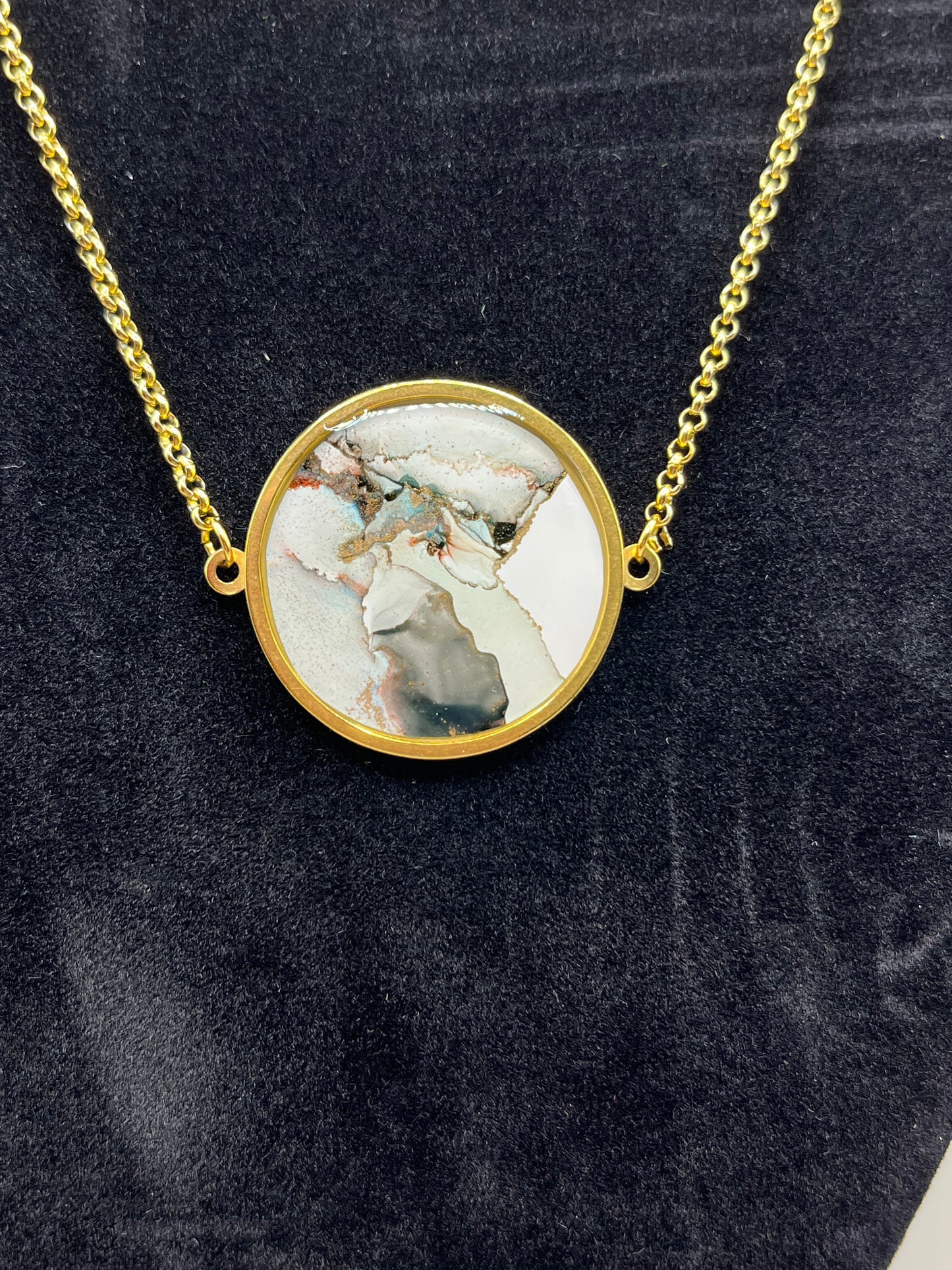 Alcohol Ink Necklace - Round, Gray