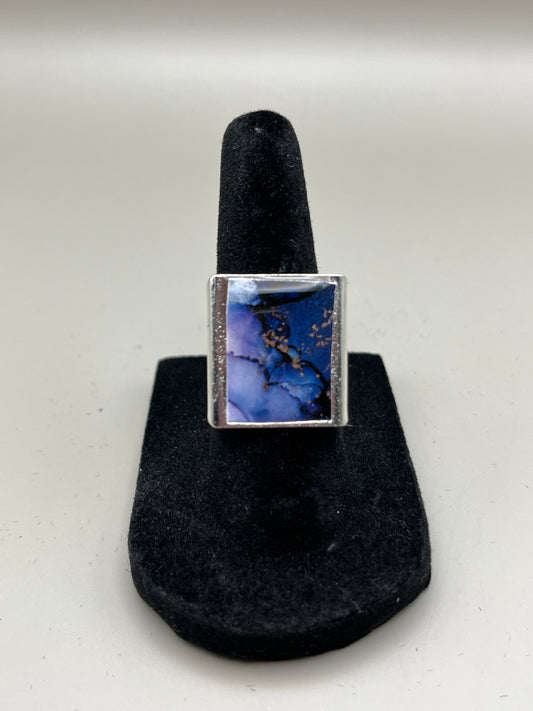 Alcohol Ink Ring - Rectangle, Blue-1